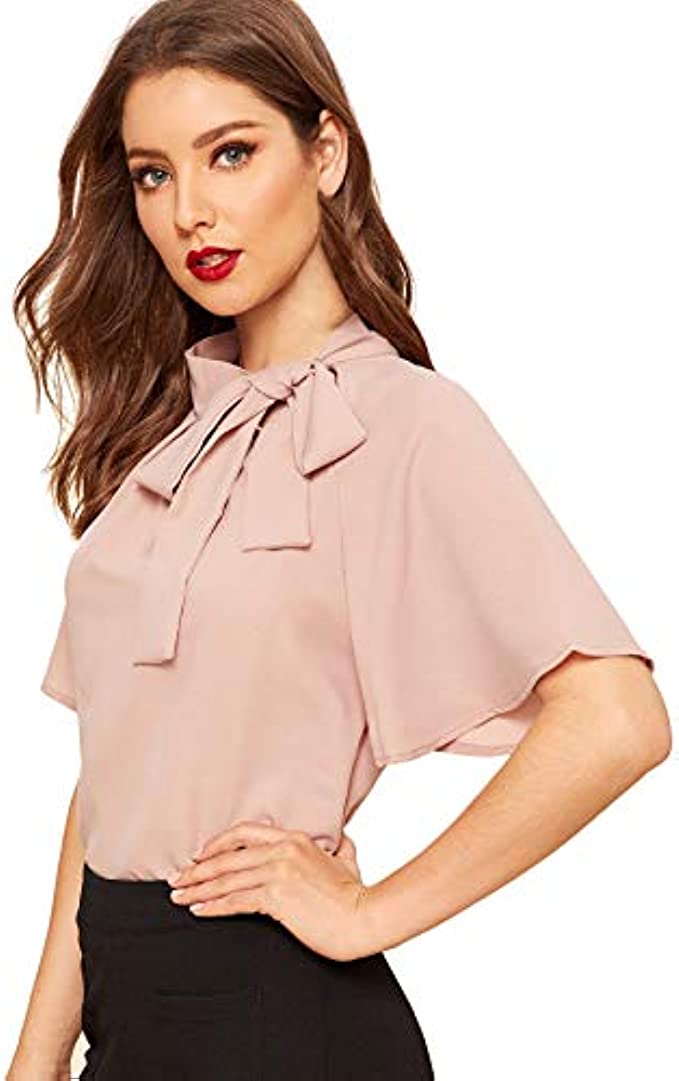 SheIn Women&#039;s Casual Side Bow Tie Neck Short Sleeve Blouse Shirt Top