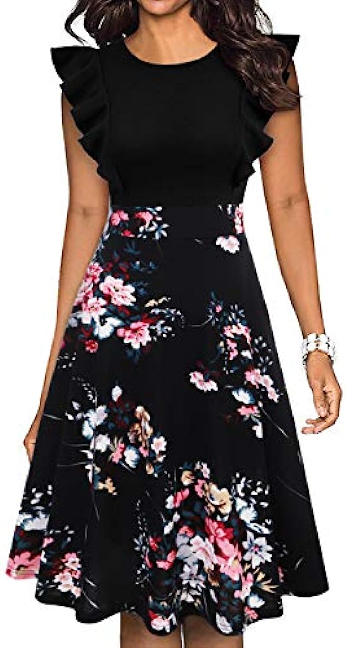 IHOT Women&#039;s Vintage Ruffle Floral Flared A Line Swing Casual Cocktail Party Dresses with Pockets