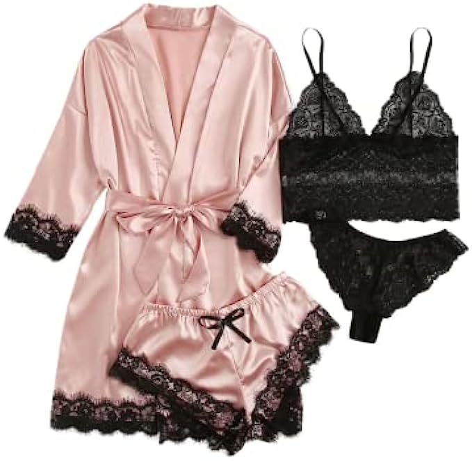 SOLY HUX Women&#039;s Satin Pajama Set 4pcs Floral Lace Trim Cami Lingerie Sleepwear with Robe