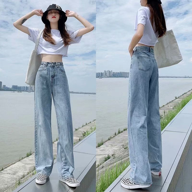 XS-2XL recommended by the store manager! High-waisted wide-leg jeans for women, large size, slim, loose, floor-length pants, adjustable waistband design, high-waisted jeans, Korean version