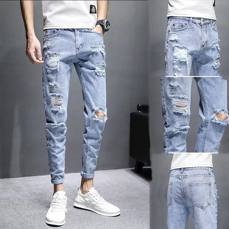 Many styles to choose from, trendy ripped jeans for men, heavyweight fashion brand slim fit, skinny jeans, Korean style cropped pants, ripped casual ripped jeans, men's trousers TOK55