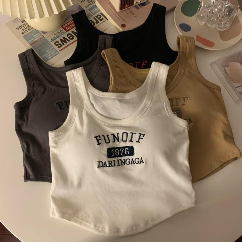 Retro embroidery inner wear with straps and chest pad vest summer new slim hot girl beautiful back tube top bottoming top female vest sleeveless top hot girl style shoulder strap small 07