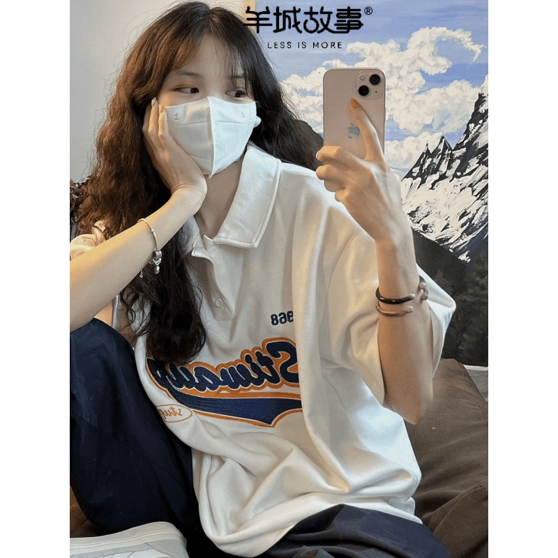 【Yangcheng Story】Pure cotton embroidery t-shirt short sleeve Harajuku style top short sleeve top letter oversize bottoming shirt ins style clothes girls clothes top