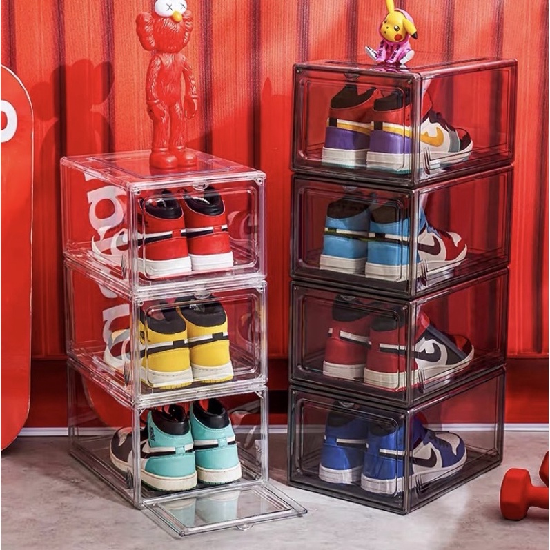 Free shipping with invoice transparent shoe box magnetic side opening thickened hard box sneaker storage stable stacking shoe box