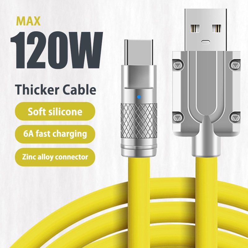 120W Type C Cable 6A Super Fast Charging Cable Liquid Silicone For iPhone xiaomi USB C Bold 6.0 mm Thicken Data Line