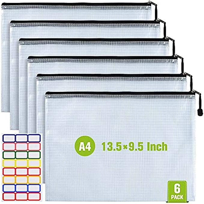 Mesh Zipper Pouch, 6PCS Waterproof Plastic Mesh ZipperBag, A4 Size Tear-Resistant Document Pouch, Extra Large Zip File Bags, for School Office Supplies Home Travel Storage(13.5×9.5 Inch)